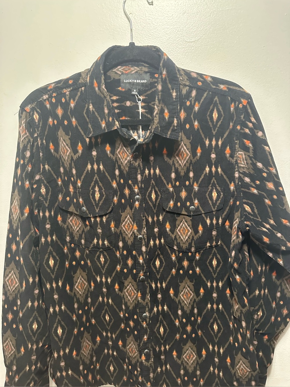 Lucky Brand Western Snap Shirt Medium Black Southwestern Aztec Print long sleeve
